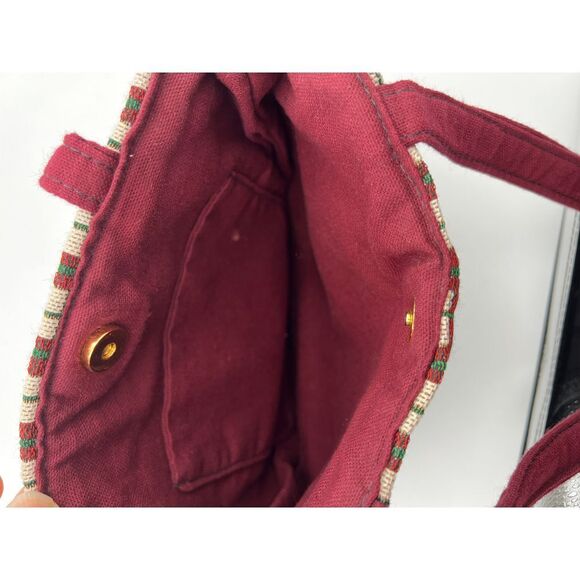 Festive Snowman Winter Holiday Tapestry Tote Bag with Burgundy Straps VINTAGE - Picture 4 of 6